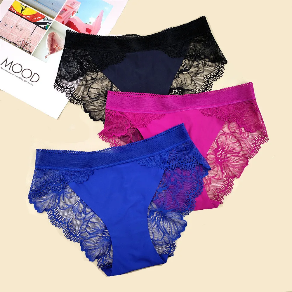 3Pcs/Pack Women Lace Underwear Panties Plus Size S-XL Seamless Ice Silk Briefs Girls Transparent Hollow Out Floral Underpants