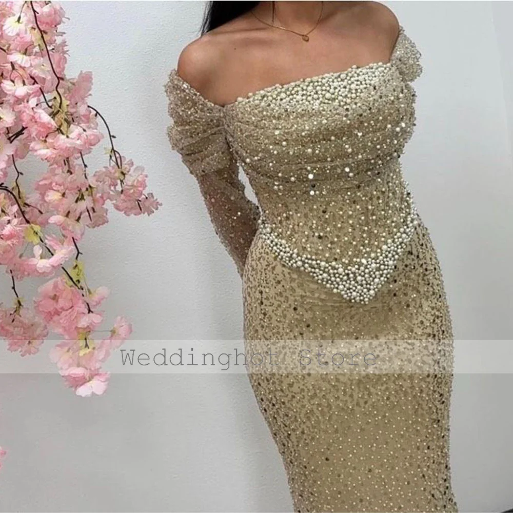 Luxury Net Pearl Evening Dresses Trumpet Off-the-shoulder Bespoke Occasion Gown Long Pearls Champange Women\'s Formal Dresses