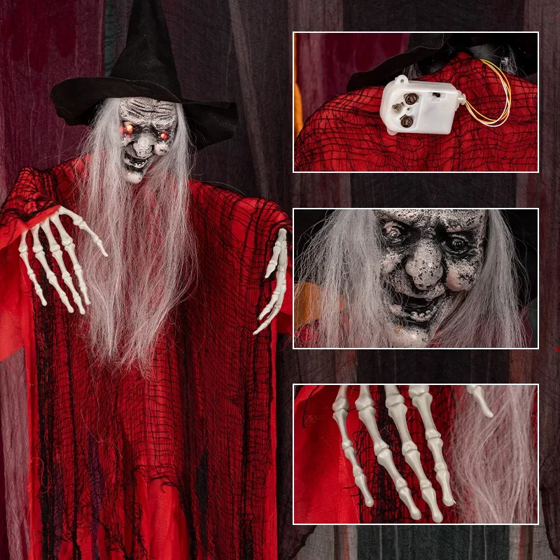 1PC Halloween Witch Hanging Ghost Sound Control Light Up Red Witch Ghost Horror Hanging Ghosts Decoration for Party Haunted