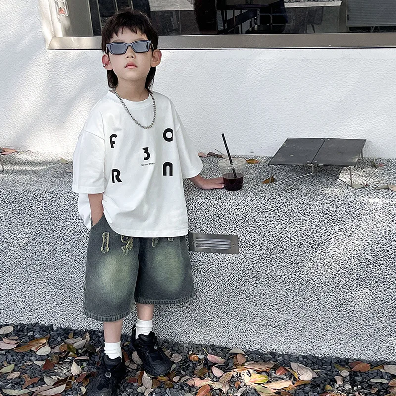 

Boys Shirts 2024 Chlidren Clothes Summer New Top Korean Style Fashion Casual Letter Printed Loose Boy Short Sleeve T-shirt