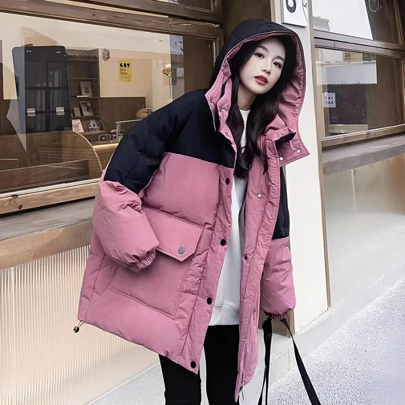 

Новая женская зимняя куртка-пуховик 2025 года с капюшоном, повседневная, свободного кроя, в стиле колор-блок, для города, в студенческом стиле, модная