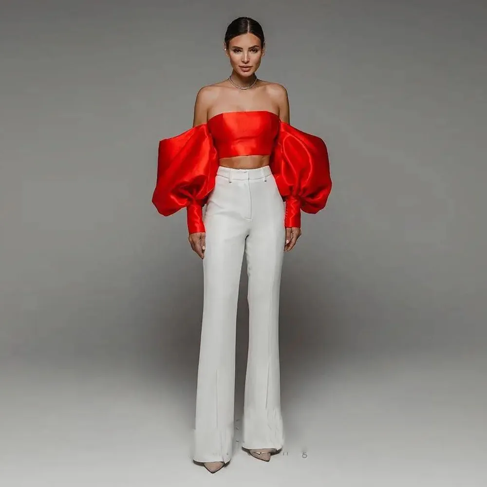 

Sexy Red Satin Dress for Women Off The Shoulder Puff Sleeves Back Lace Up Party Gown