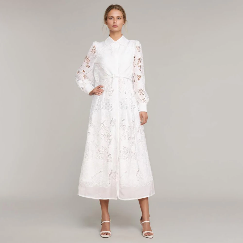 

Solid Patchwork Lace Hollow Out Dresses For Women Lapel Long Sleeve High Waist Spliced Belt Elegant Dress Female