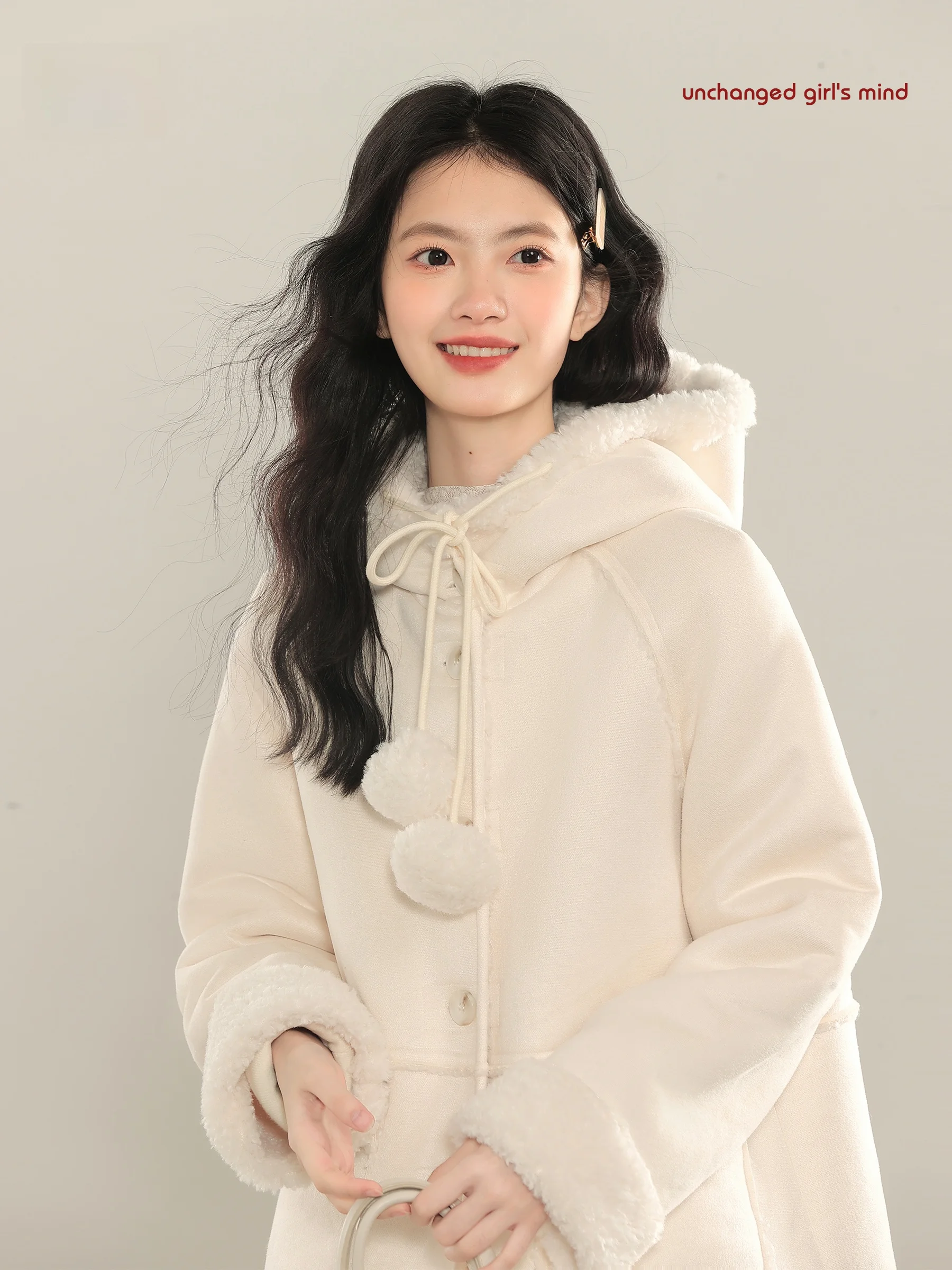 

Lingjiu, новинка 2024, женская куртка с капюшоном из овечьего меха, осенне-зимнее бархатное пальто из кожи оленя, милое однотонное пальто