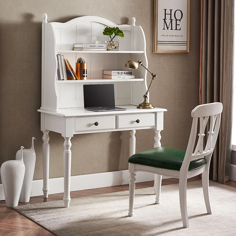 Modern American simple white computer desk study desk household solid wood desk bookcase bookshelf integrated combination