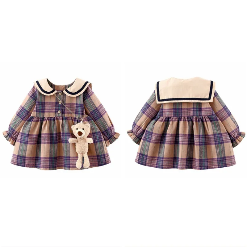 Baby Girl Cute Princess Skirt Newborn Fashion Long-sleeved Navy Plaid Dress Infant Girls Wedding Birthday Party Casual Dress