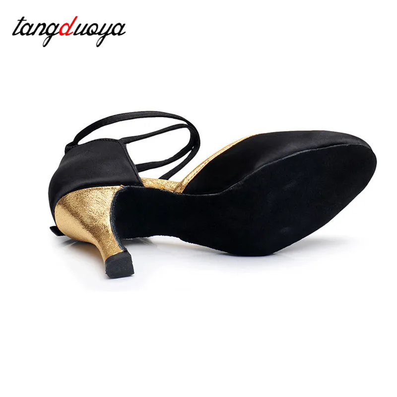 Latin dance shoes women black silk Tango Salsa Jazz Girl Ballroom professional dance shoes for women high heels 5/7cm Tangduoya