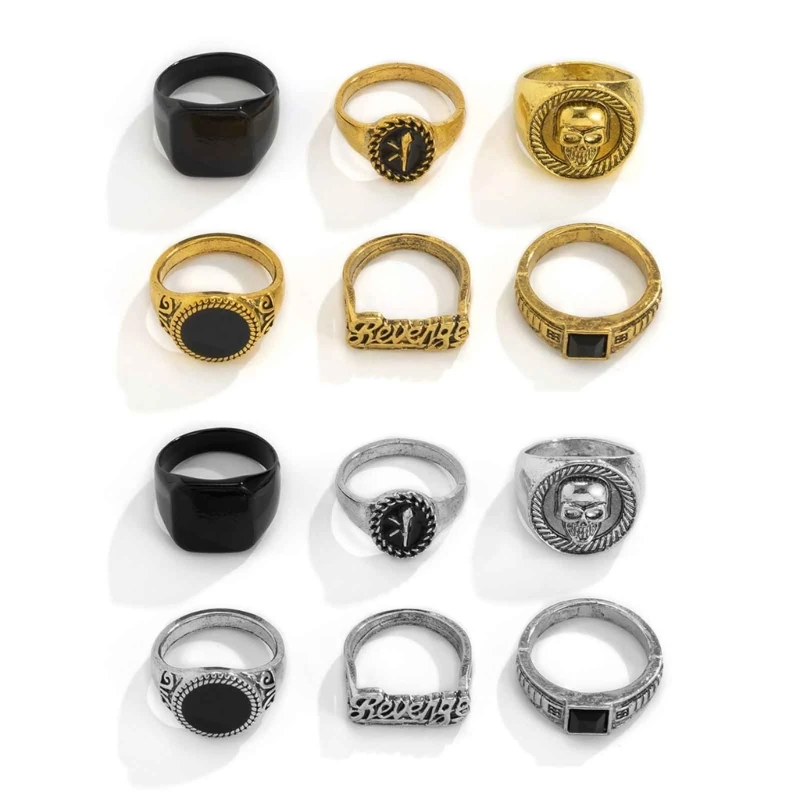 6Pcs Vintage Black Stone Rings for Men Gothic Skeleton Portrait Couple Emo Y2k Fashion Jewelry Ring Set for Women Men image 3