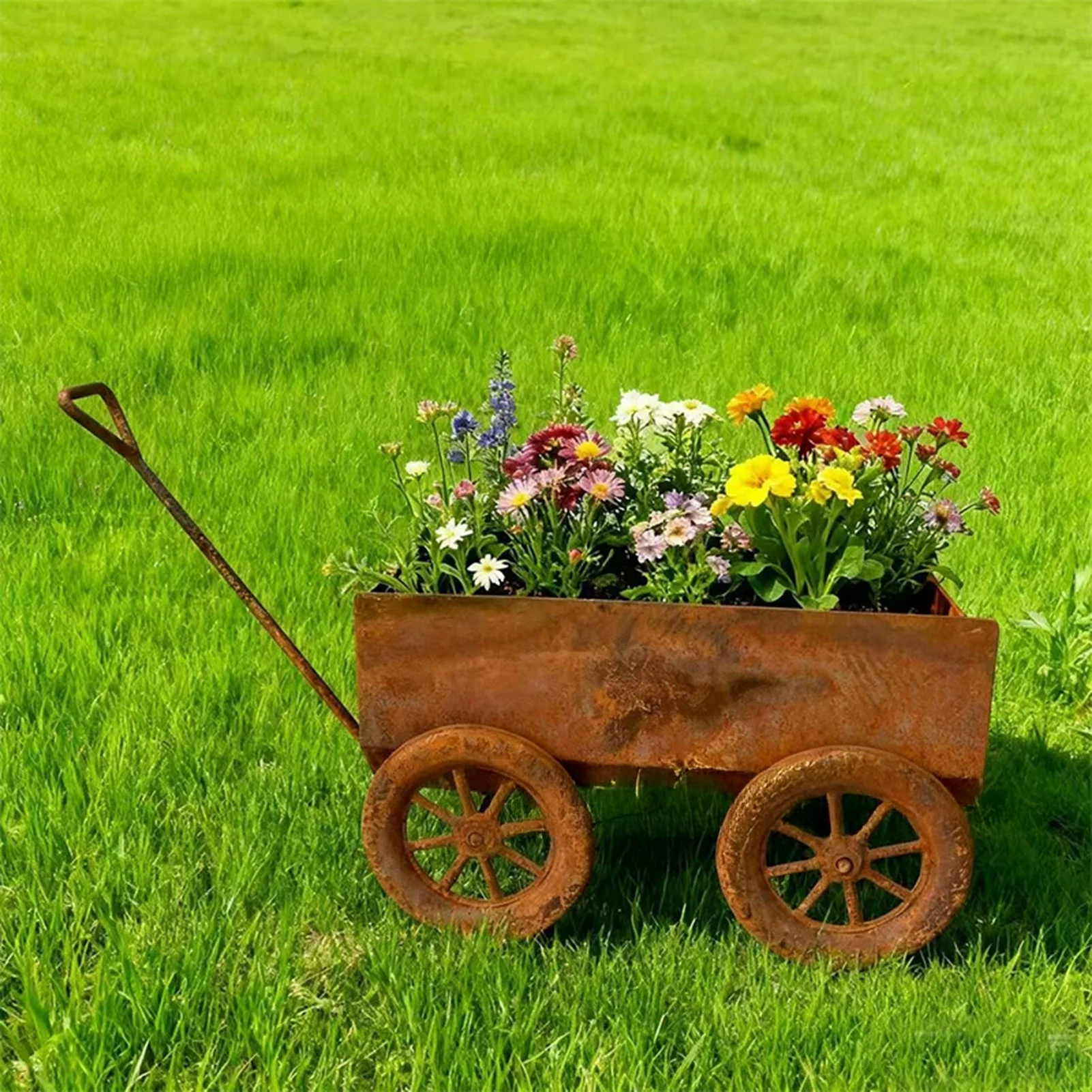 

Металлическая тележка для цветов в деревенском стиле для украшения сада, посадки цветов и зелени