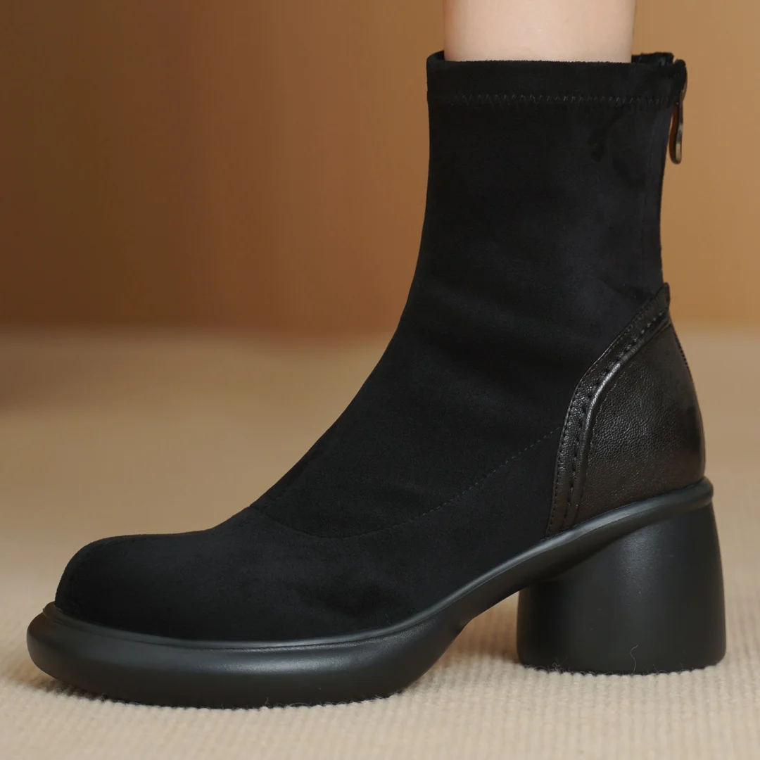

Women's genuine leather stretch flock patchwork back zip autumn ankle boots 6.5cm chunky heel platform elegant ladies short boot