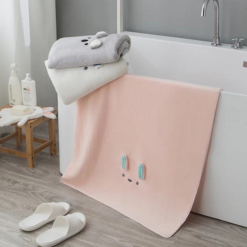 Soft Absorbent Coral Fleece Bath Towel Embroidered Cartoon Wedding Celebration Gift Unisex Toddler Double-Sided Towel
