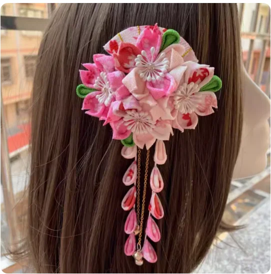 Hairpin Japanese kimono Yukata Headdress Crinkle Cloth Sakura Hair Clip DIY Cosplay Hanfu Tassel Tsumami zaiku Handmade Kanzashi