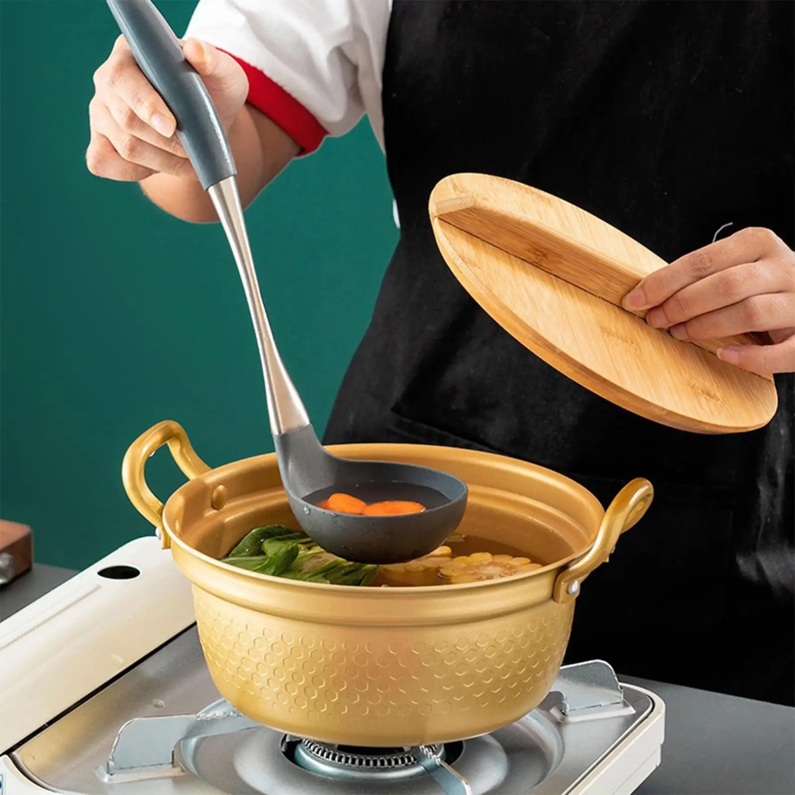 

Ramen Cooking Pot with Bamboo Lid Stockpot 21cm for Kitchen Cookware Picnic