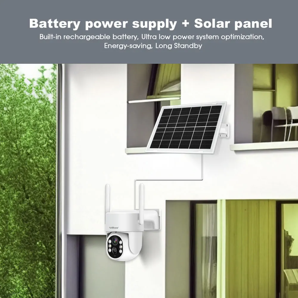 SriHome-Câmera de Bateria Solar, Detecção Humana PIR, Visão Nocturna, Áudio Bidirecional, Ângulo Ultra Grande, Cor PTZ, WiFi, 4MP, DH005