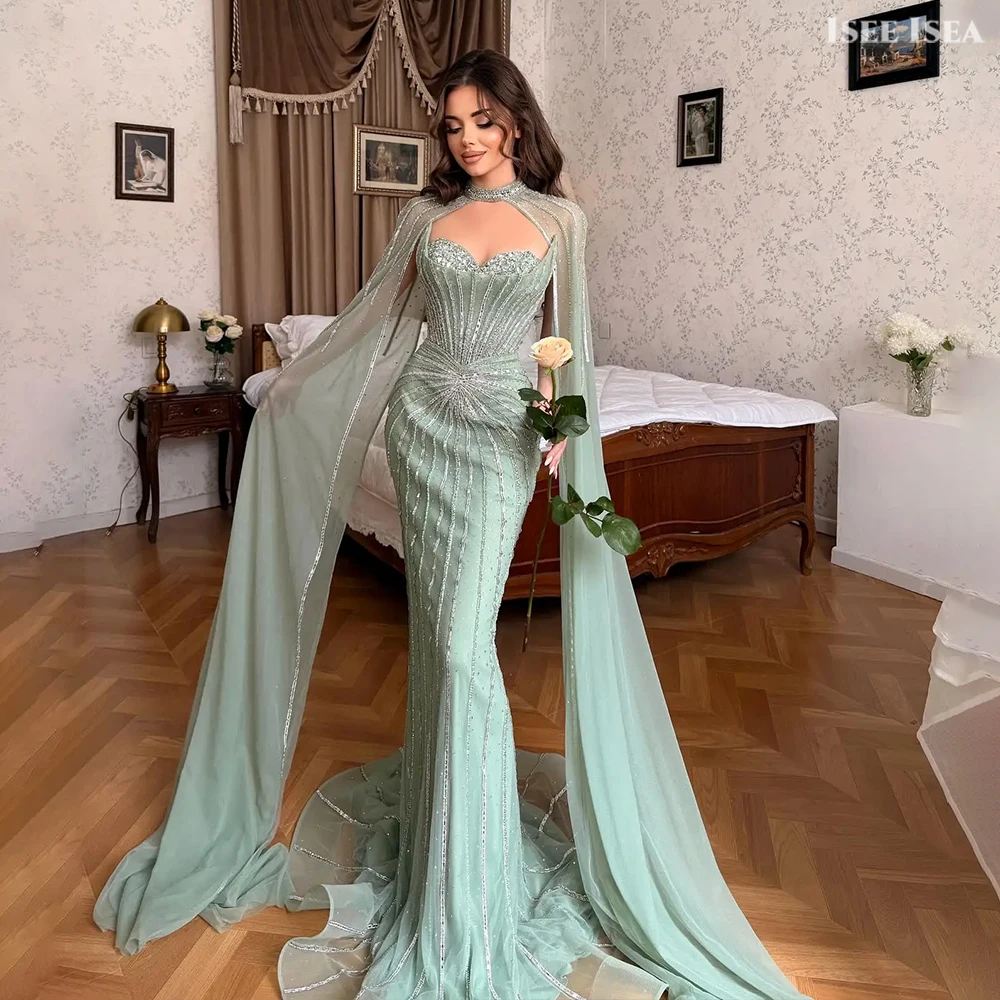 

Beaded Evening Dresses Woman Cape Sleeves Dubai فساتين سهرة Crystal Bodycon Pageant Dress Party Gown Customized