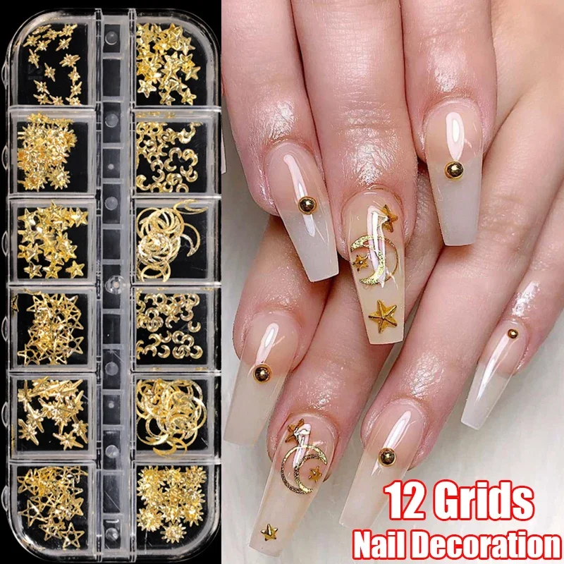 ゴールドカラーの3Dネイルアートデコレーション,マニキュアアクセサリー,ハートフレーム,メタルジュエリー,月,星,幾何学,日曜大工,12グリッド