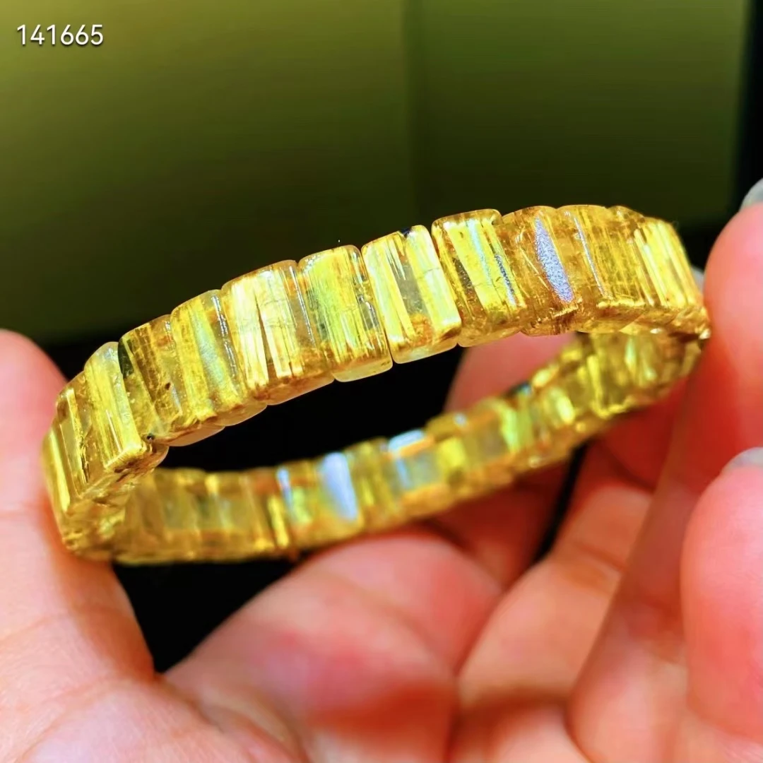 Genuine Natural Gold Rutilated Quartz Flower Bracelet Bangle 8.5x6mm Woman Men Brazil Clear Rectangle Beads Wealthy Stone AAAAAA