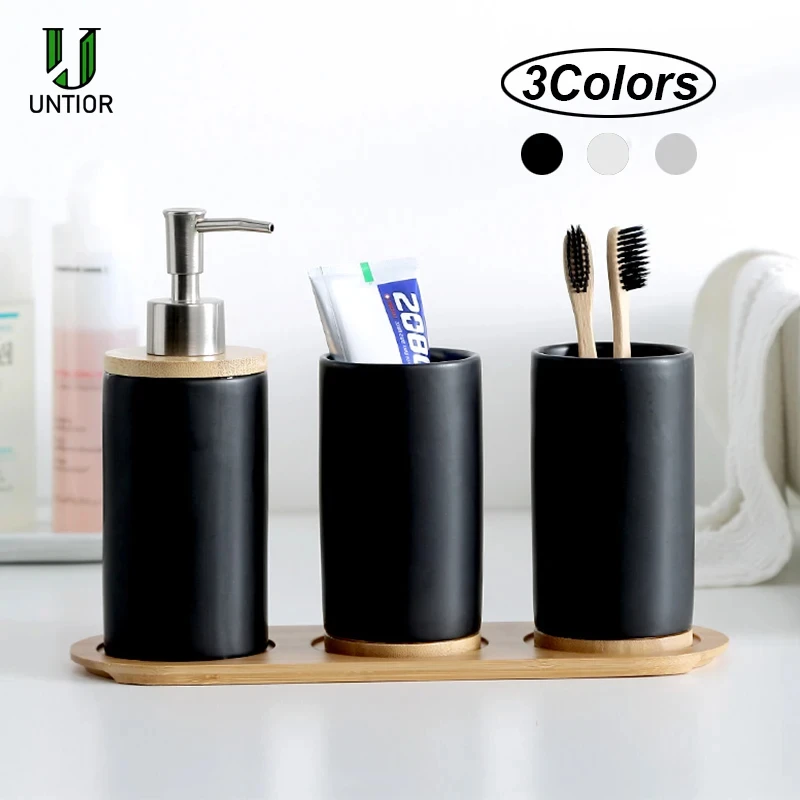 UNTIOR Ceramic Bathroom Accessories Set with Bamboo Base Include Ceramic Tumbler Soap Dispenser Toothbrush holder Bathroom Set