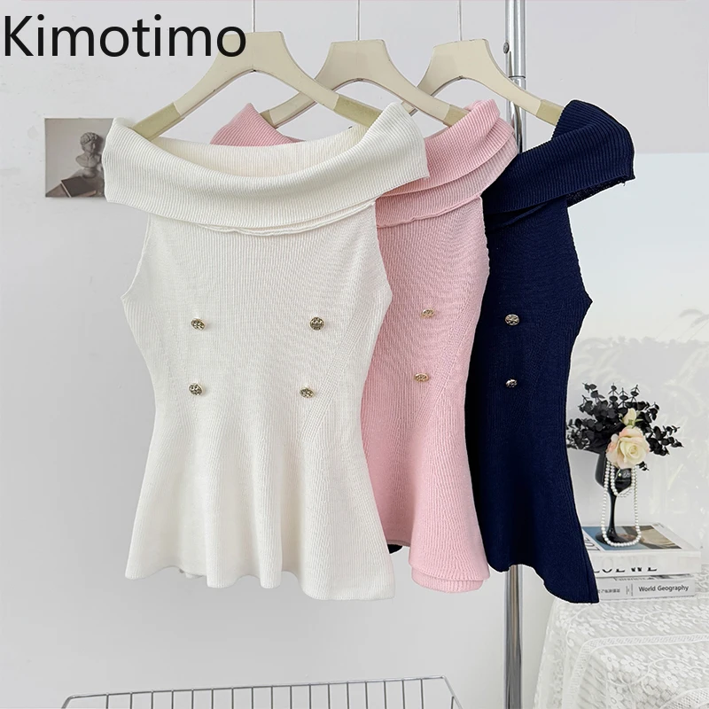

Kimotimo Slash Neck Knitted Vest Women 2025 Summer Slim Fit Waist Metal Button Y2k Pullover Temperament Solid Sleeveless Sweater