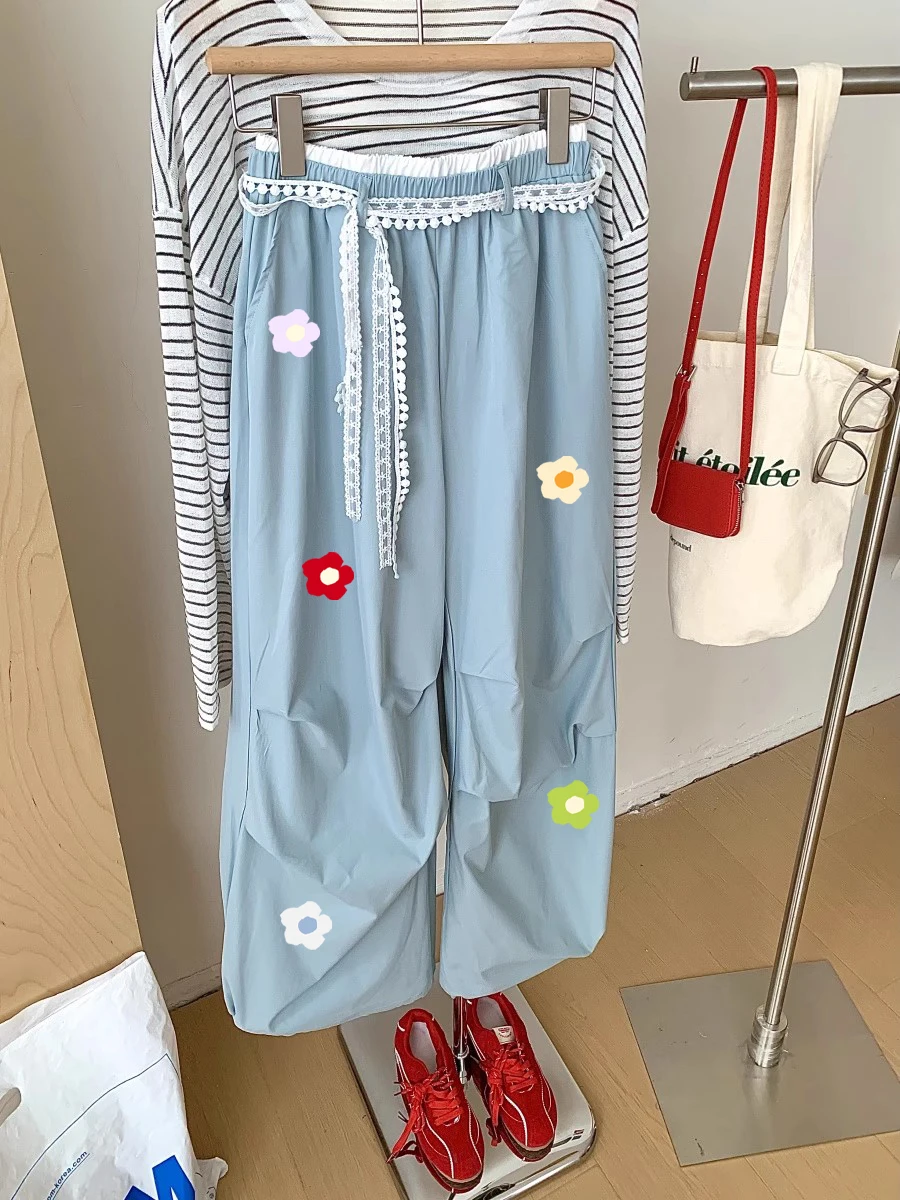 

High Waist Lace Splice Casual Work Pants Men's Loose Long Trousers Summer Faion Anti-Aging Design Sensation Korean Sle