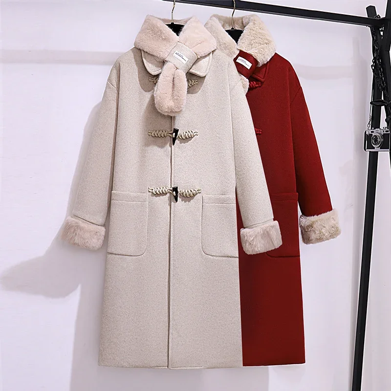 Women Elegant Woollen Trench Coat Fur Collar Horn Button Casual Office Tweeds Long Overcoat Fall Winter Warm Jacket New Overcoat