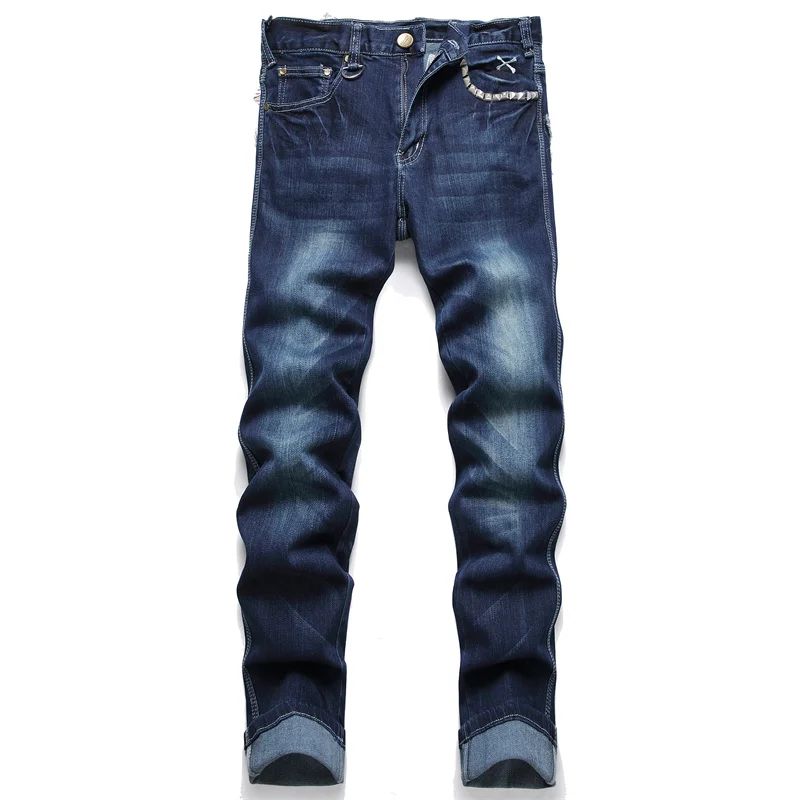 2024new back pocket embroidered jeans men's street cool fashion elastic straight Slim retro blue motorcycle trousers