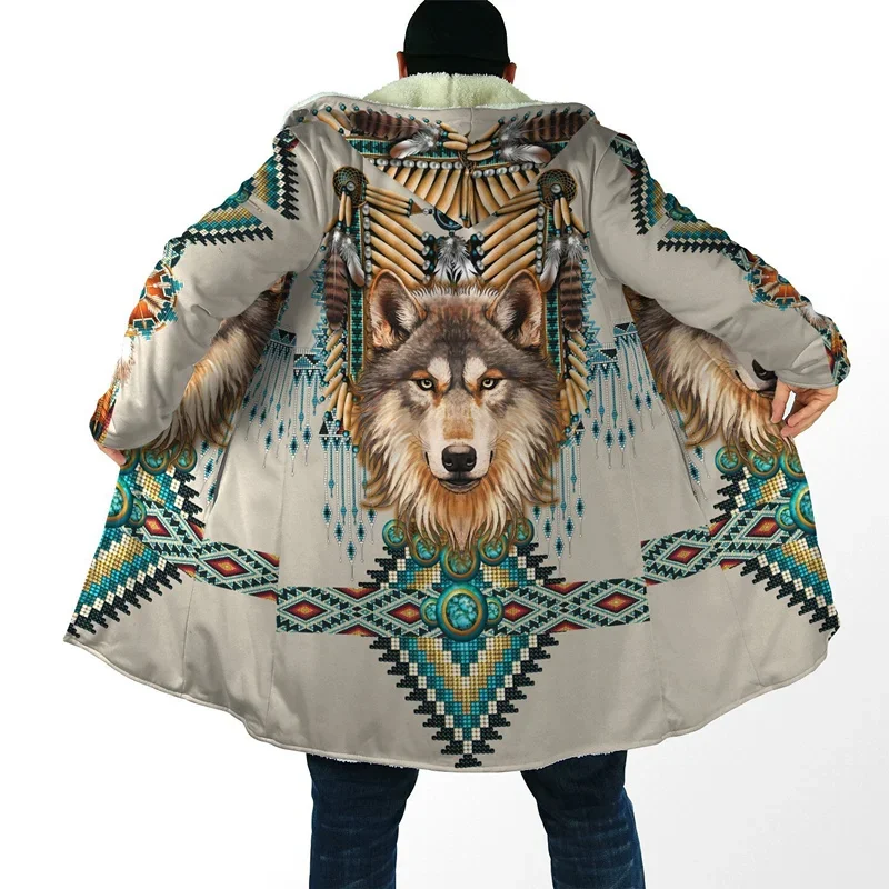 

Winter Fashion Men's Hooded Cloak Indigenous Wolf 3D Print Thick Wool Hooded Coat Unisex Casual Thickened Warm Cloak Coat C003