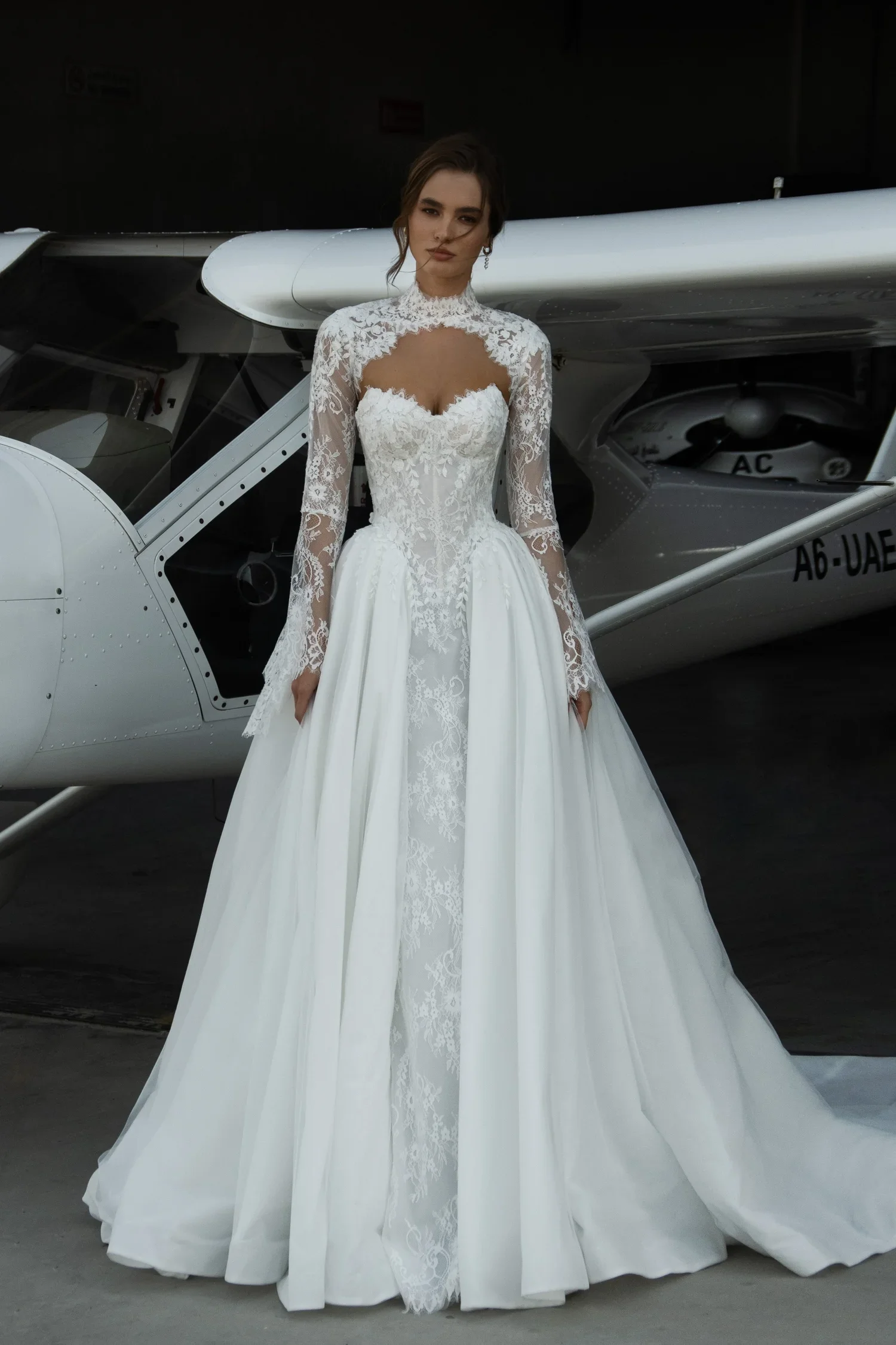 SBS Classic Customized A Line Strapless Lace Wedding Dresses Illusion Bridal Gowns with Removable Lace Jacket