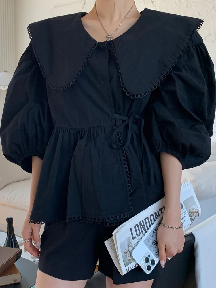 Korean Fashion Doll Collar Three-quarter Lantern Sleeve Blouse for Women Spring Summer Ladies Cute Sexy Blouses Dropshipping