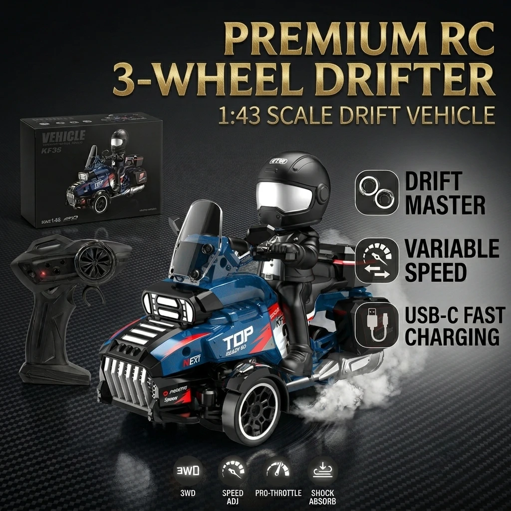 1:43 RC 3-Wheel Drift Motorcycle, 2.4GHz Remote Control Racing Car, Desktop Racing Model & Decorative Collectible, USB-C