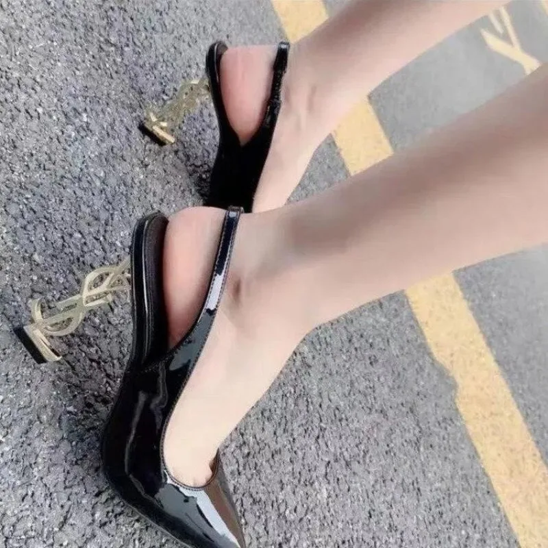 Maillard sandals for women  fashion high heels for women one-piece patent leather square head letter heel open toe sexy shoes