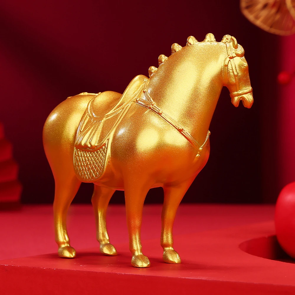 Brass Tang Dynasty horse ornaments, Gold plated copper horse statue, Office desktop feng shui ornaments, home decoration crafts