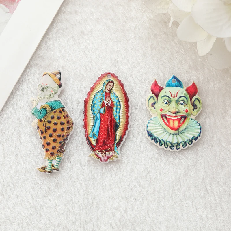 6pcs Vintage Halloween Skeleton Clown Charms Creative Acrylic Virgin Mary Jewelry Findings For Earring Necklace Diy