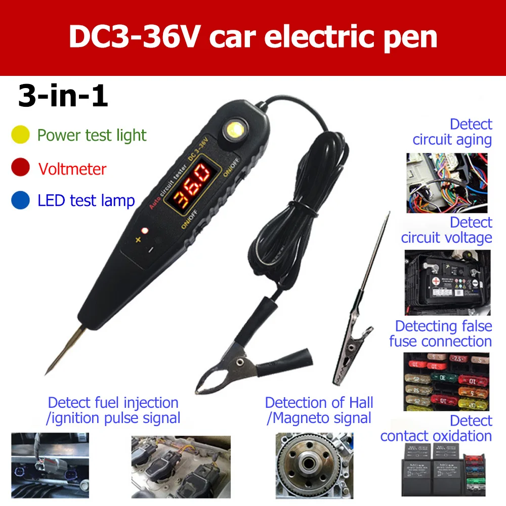 

DC 0-36V Auto Circuit Tester Vehicle Pulse Sensor Signal LED Light Testing Pen Probe Car Power Voltmeter LED Diagnostic Tool