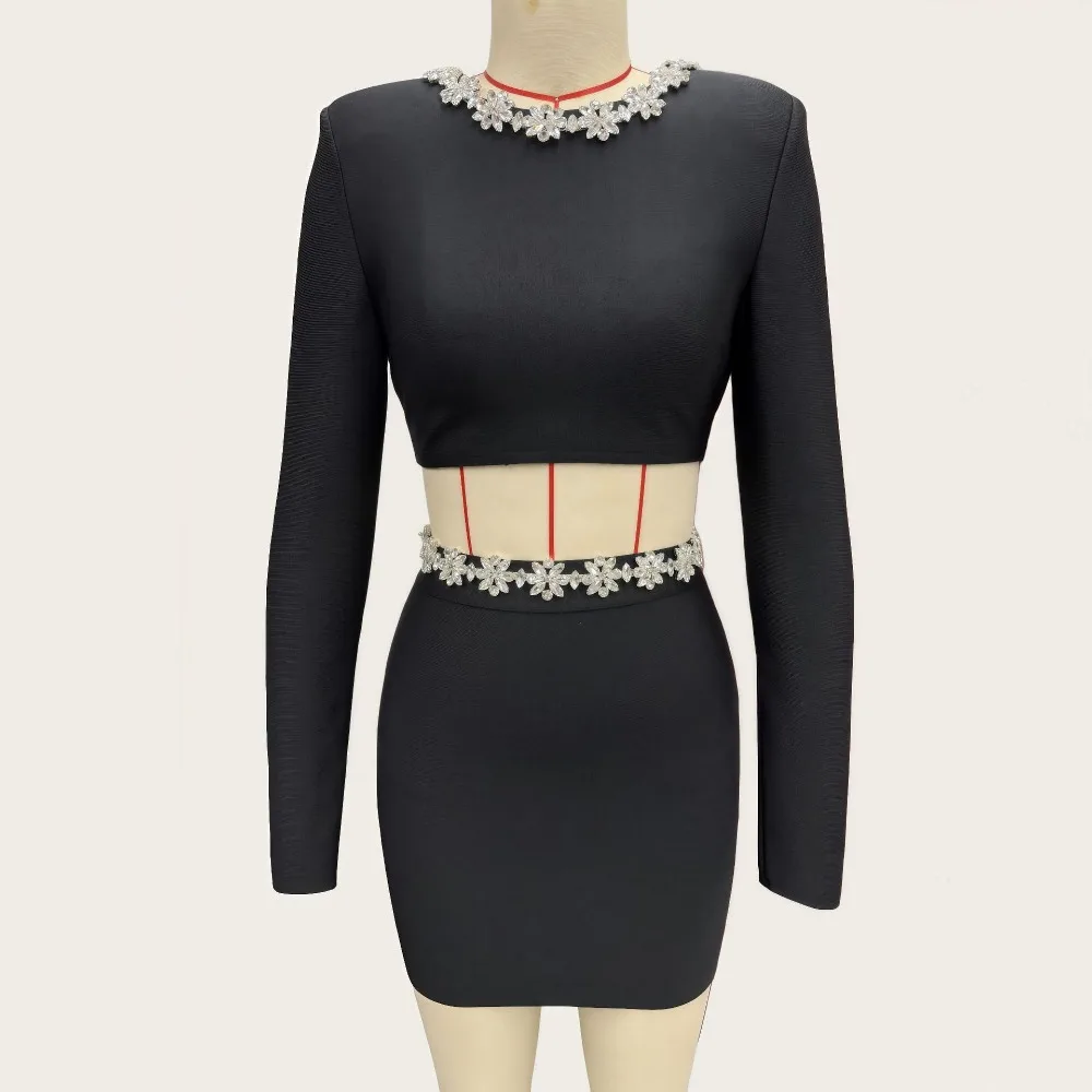 Trendy Diamond Decoration 2 Piece Dress Sets Women Sexy Night Out Party Club Wear Long Sleeve Crop Top Mini Skirt Fashion Gowns