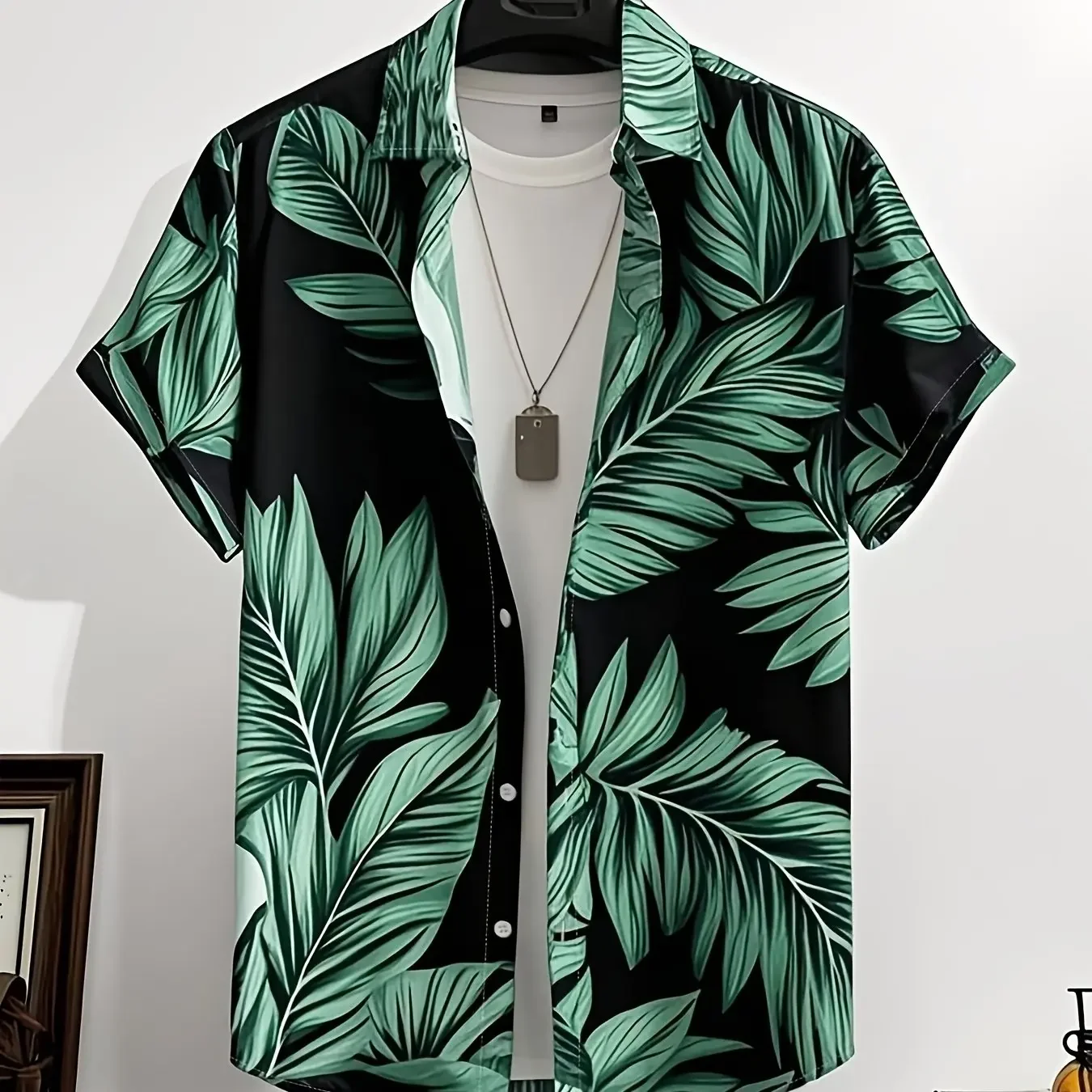 Dark Blue Short Moderate Hawaiian Shirt White Tropical Silhouette Print Double Stitch Thin Beach Button Shirt