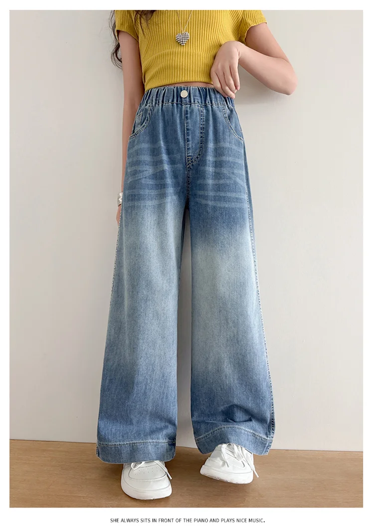 Mädchen Sommer Einfache Jeans 2026 Neue Dünne Weite Hosen Mittlere und Große Kinder Lose Gerade Freizeithosen für Kinder 5-14 Jahre – Detail 4