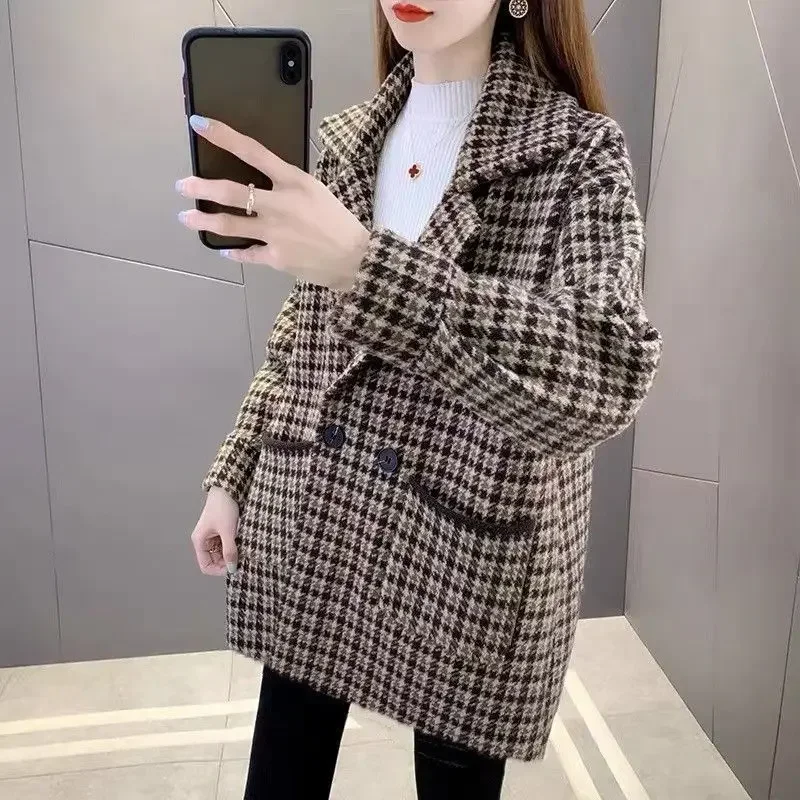 Jacket Korean Style Tweed Blazer Woman Plaid Outerwears Check Wool & Blend Coats for Women Casual Luxury Clothing In Promotion