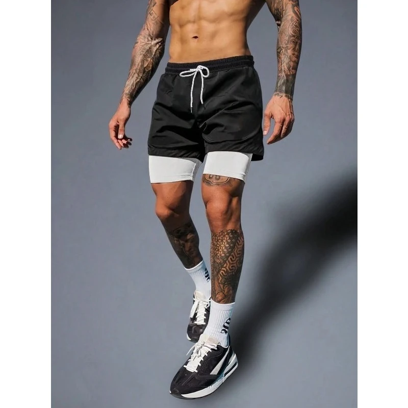 

Men's contrast color stitching drawstring waist sports shorts fake two-layer casual comfortable double-layer shorts sweatpants