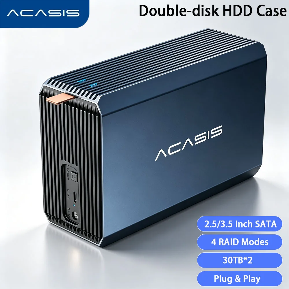Acasis Dual Bay HDD/SSD 60TB Enclosure Support 2.5/3.5 Inch SATA To USB 4 RAID Modes External Hard Drive Disk Array Storage Case
