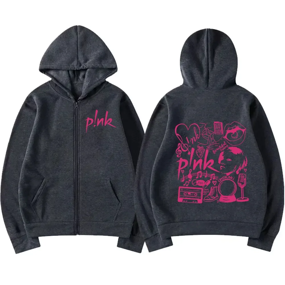 P!nk Pink Singer Summer Carnival 2024 Tour Zipper Hoodies Harajuku Vintage Hoodie Men's Women Zip Up Sweatshirts Fans Gift Y2K