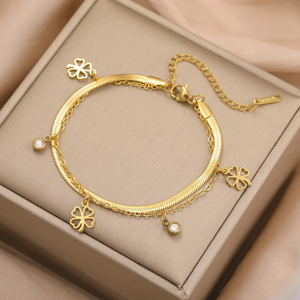 Dawapara Viel Glück Kleeblatt Armband Vierblättriges Kleeblatt Charms Schlangenkette 17 cm Armband Edelstahl Paar Schmuck – Detail 16