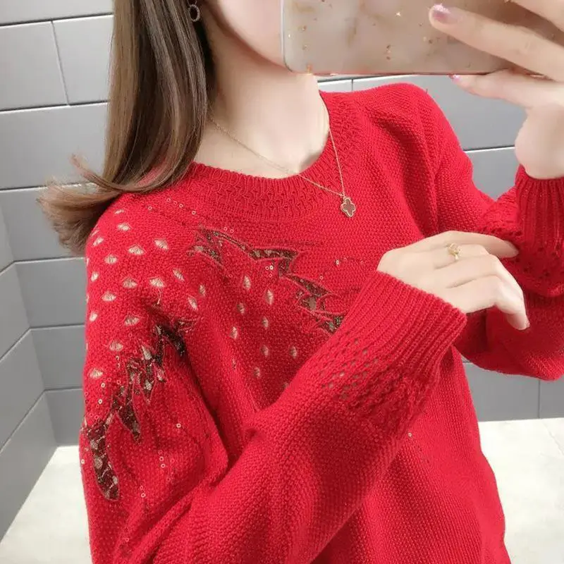 New Loose Spring and Autumn Women\'s 2024 Splicing Hollow O-Neck Fashion Embroidery Knitted Versatile Casual Long Sleeve Tops