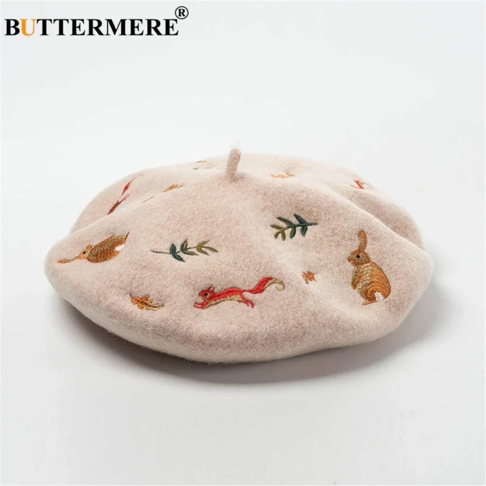 

BUTTERMERE Winter Hats for Women Wool Beret Hat Female Camel Pink Rabbit Squirrel Leaf Embroidery Vintage Ladies Mushroom Hat