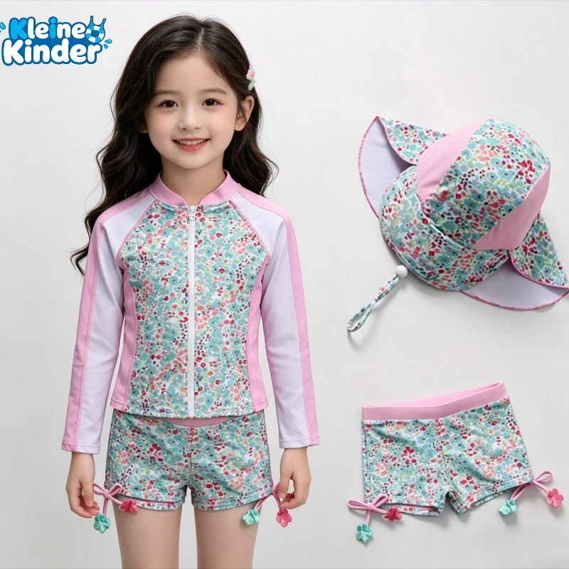 Maiô para meninas, manga longa, floral, roupa de banho infantil, proteção uv, verão, roupa de banho para crianças, bebês, crianças pequenas, roupa de praia