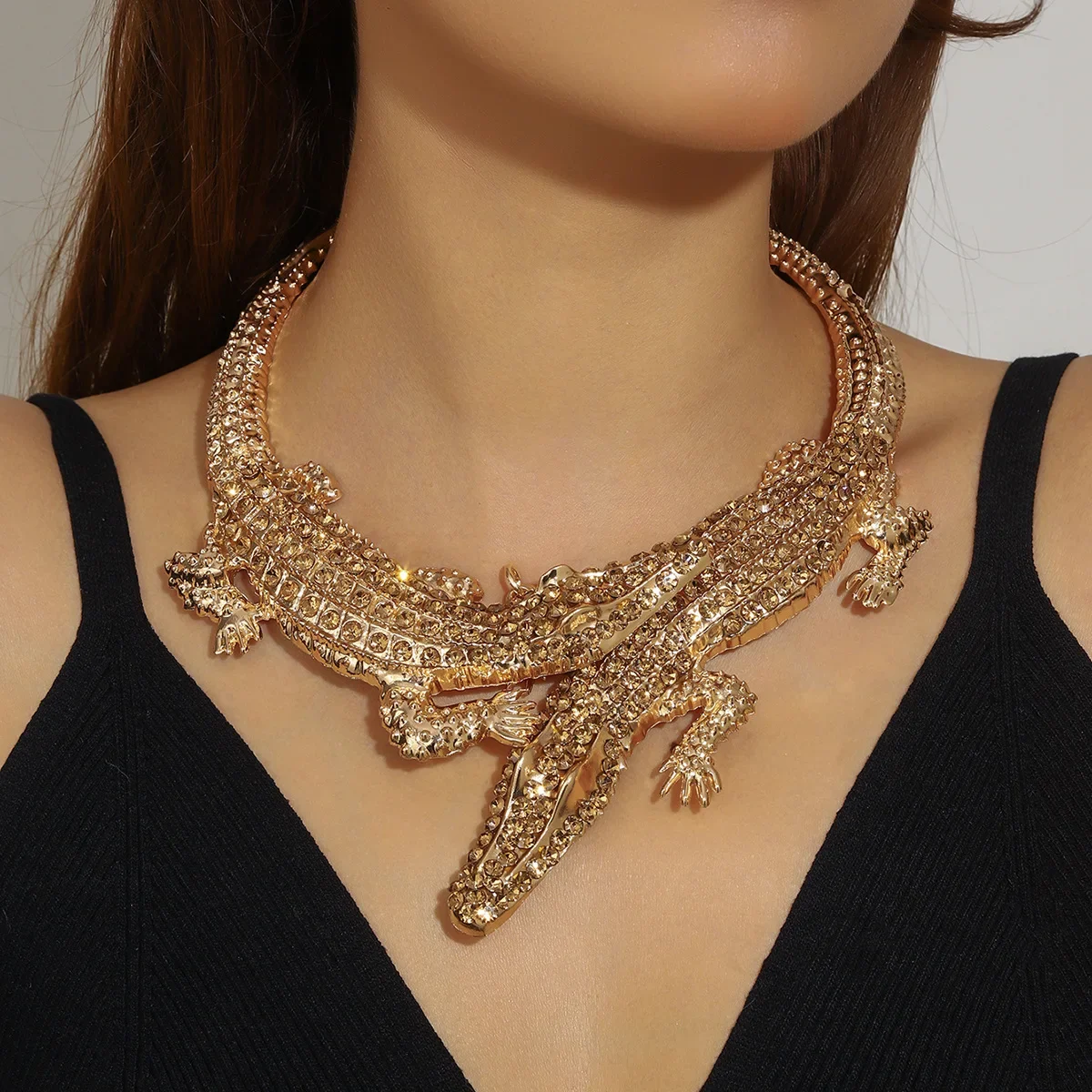 Punk Splice Exaggerate Crocodile Choker Necklace Club for Women Gothic Animal Statement Rhinestone Choker Collar Prom Jewelry