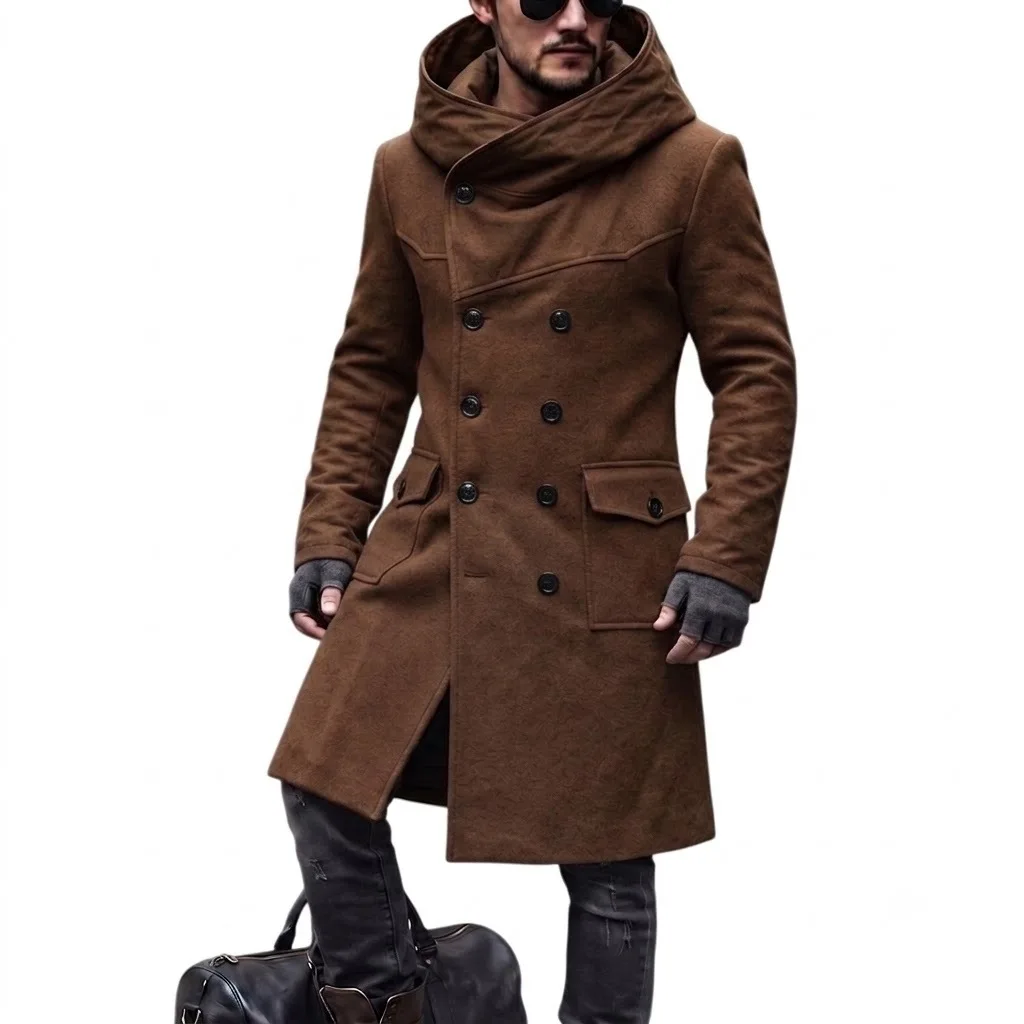 Men Hooded Wool Blends Trench Coat Double Breasted Mid Length Overcoat Work Casual Thick Warm Jacket Pockets Autumn Winter 2026