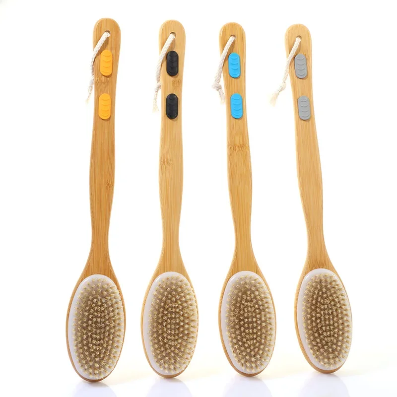 

Shower brush with soft and hard bristles, double sided long handle, back scrub body exfoliator, suitable for both wet and dry us