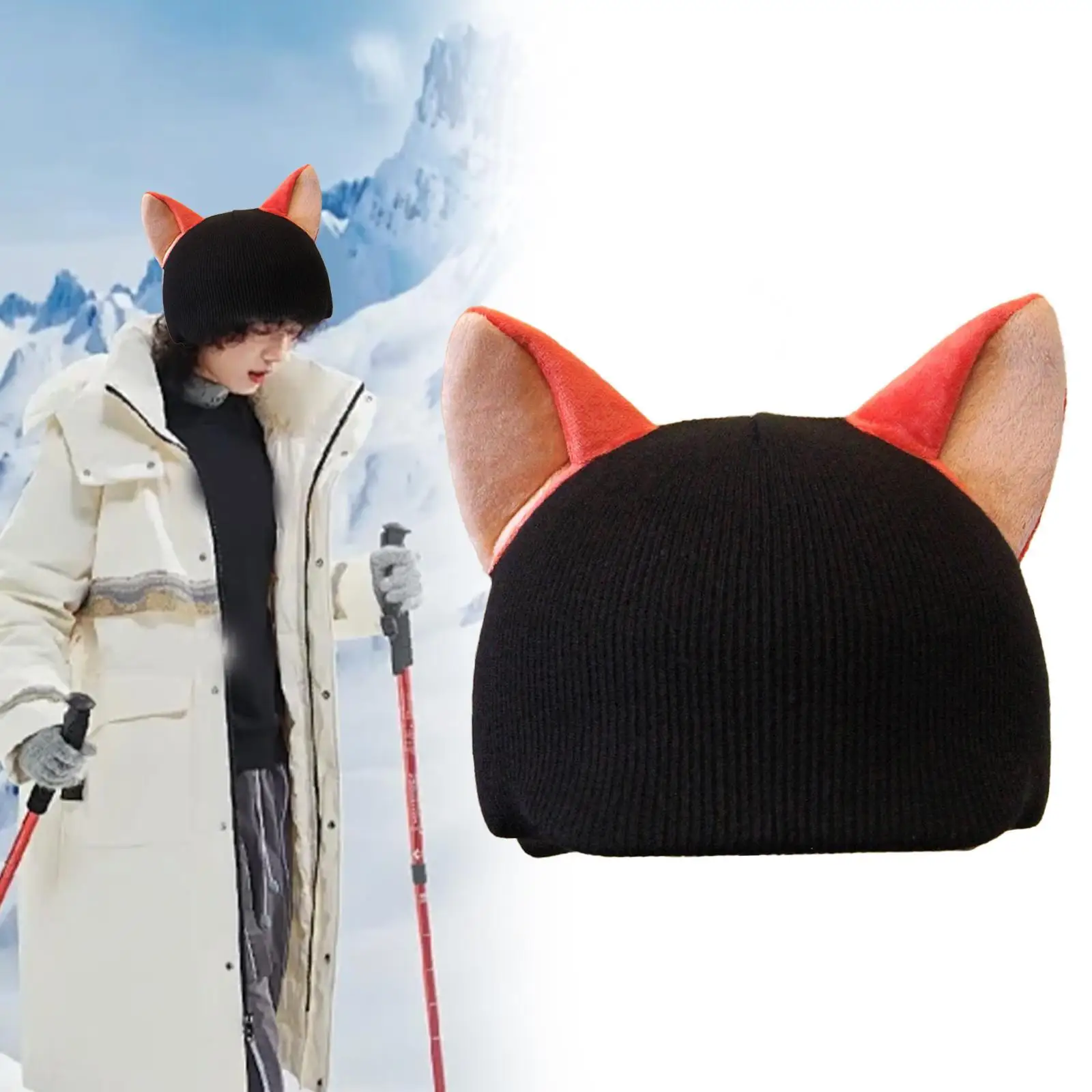 Snow Ski Helmet Cover with Adorable Animal Ears Warm Knitted Washable Accessory for Winter Outdoor Skiing