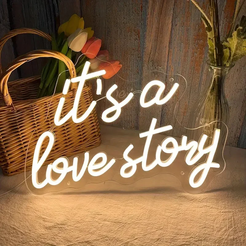 It's A Love Story Neon LED Sign Warm White Neon Signs for Bedroom Decor Anniversary Wedding Celebrations Ideal Gift for Couples